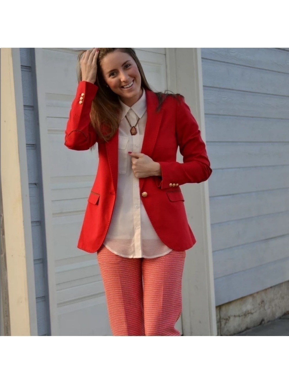 Zara Red Ponte Di Roma Blazer with Elbow Patches XS